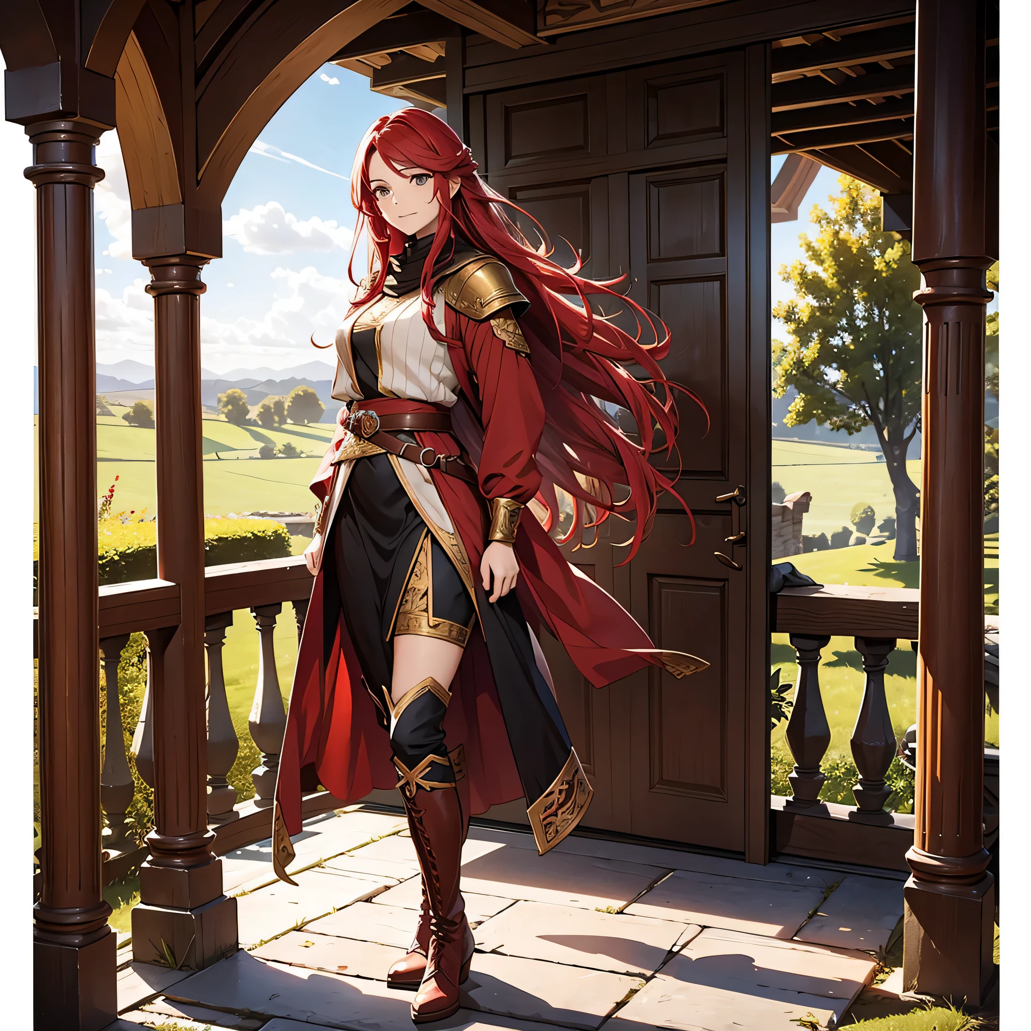 Full body portrait of Ileosa Arabasti from the Pathfinder Roleplaying Game, flowing mid-length red hair, wearing commoner clothes with boots, on the porch of a country house, serene expression, looking at the horizon, solo character