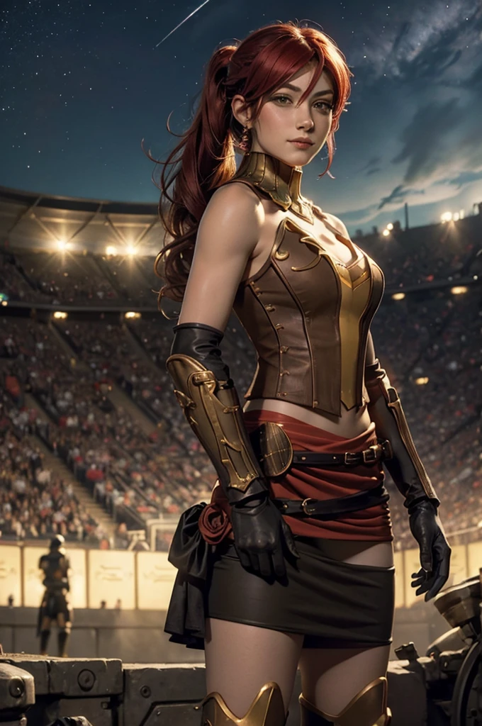 masterpiece, best quality, pyrrha nikos, ponytail, circlet, bustier, large breasts, skirt, elbow gloves, bracers, armored boots, red waist sash, looking at viewer, furrowed brow, smile, night, night sky, stars, standing in stadium, crowd