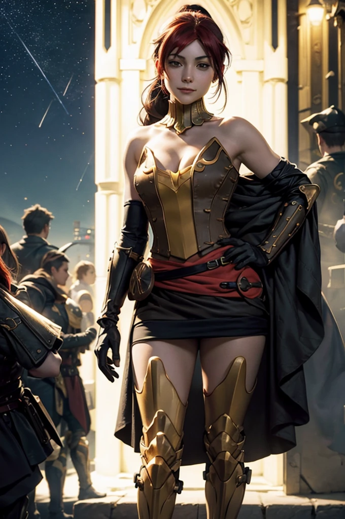 masterpiece, best quality, pyrrha nikos, ponytail, circlet, bustier, large breasts, skirt, elbow gloves, bracers, armored boots, red waist sash, looking at viewer, furrowed brow, smile, night, night sky, stars, standing in stadium, crowd