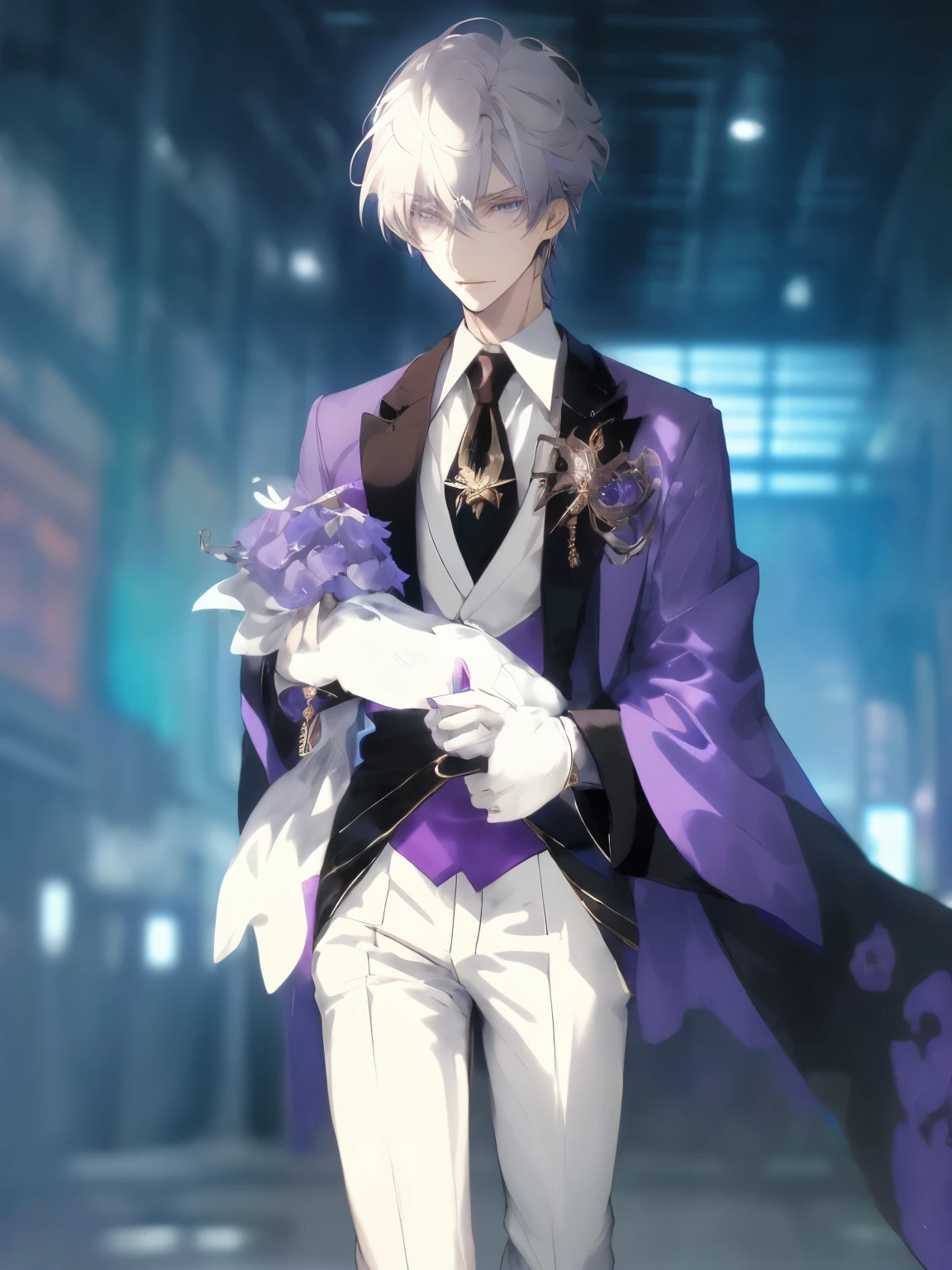 anime - a male in a white suit and purple jacket, beautiful androgynous prince, delicate androgynous prince, ((wearing aristocrat robe)), royal attire akira, male anime character, hajime yatate, shigenori soejima illustration realistic, nobutaka ike, official character, official character illustration hd, prussia,hd quality