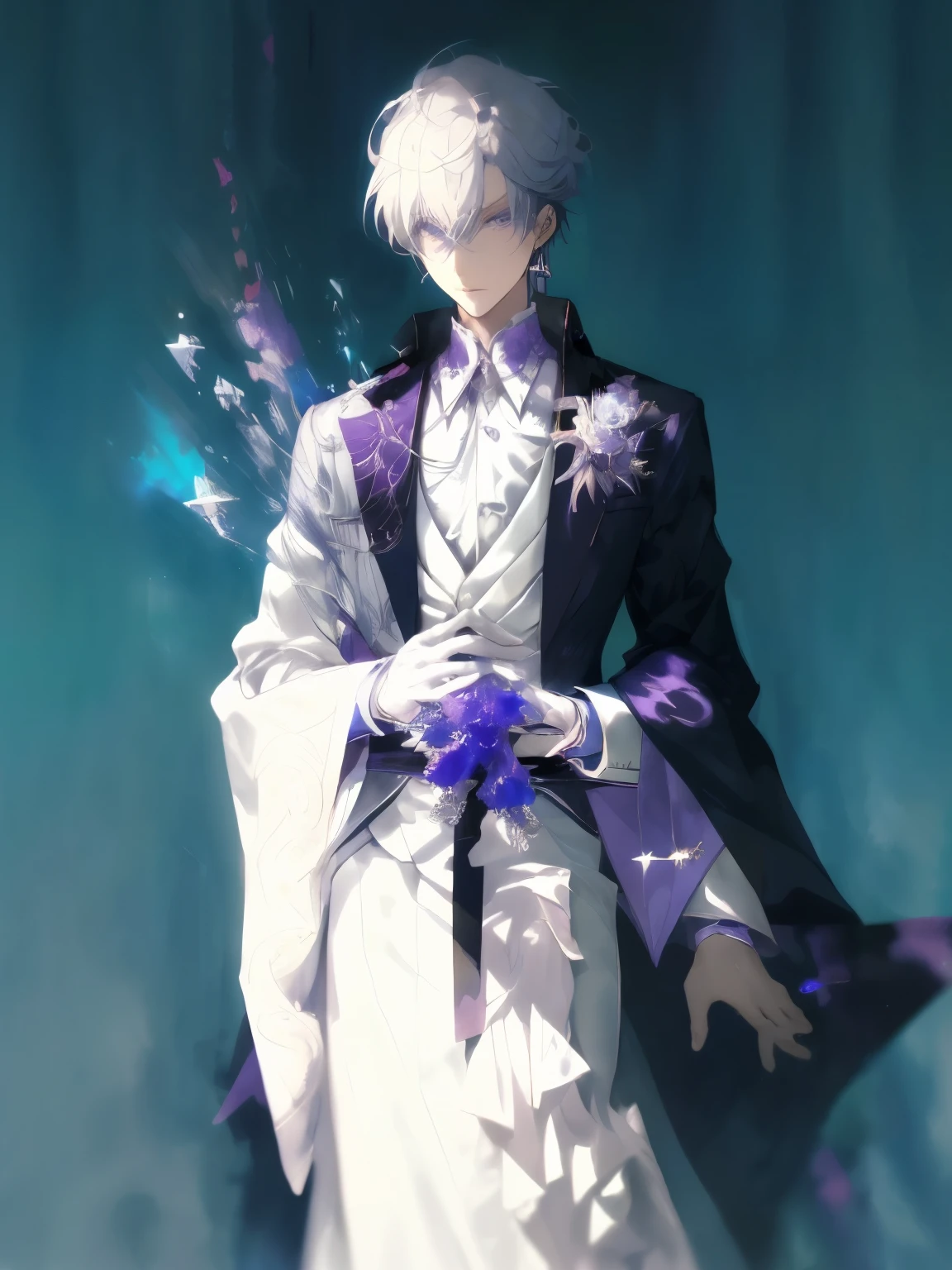 1guy、white haired、purple-white eyes、maniacal smile、Short Messy Hair、Portrait 、a handsome、hairsh, Closing the right eye、black cloak