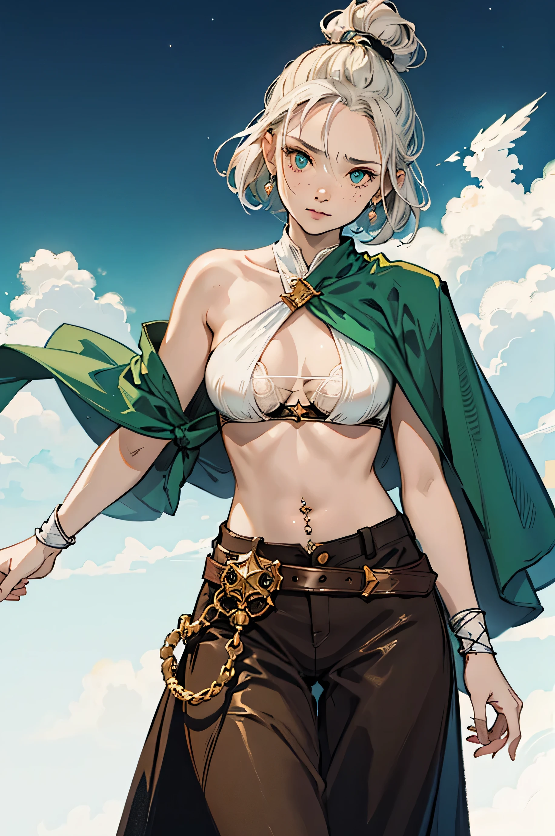 (( DND, dark fantasy, Female, Human, pale white, skin )), (light mint green, hair), Solo, (Monk), (Undercut, Short hair, Top knot), (Chestnut brown, Cropped tube bra), ((navel piercing)), white, bandage gloves, (cutesy, angry, face), black sclera, (yellow, star shaped pupils), very light freckles, parachute pants, (transparent background)