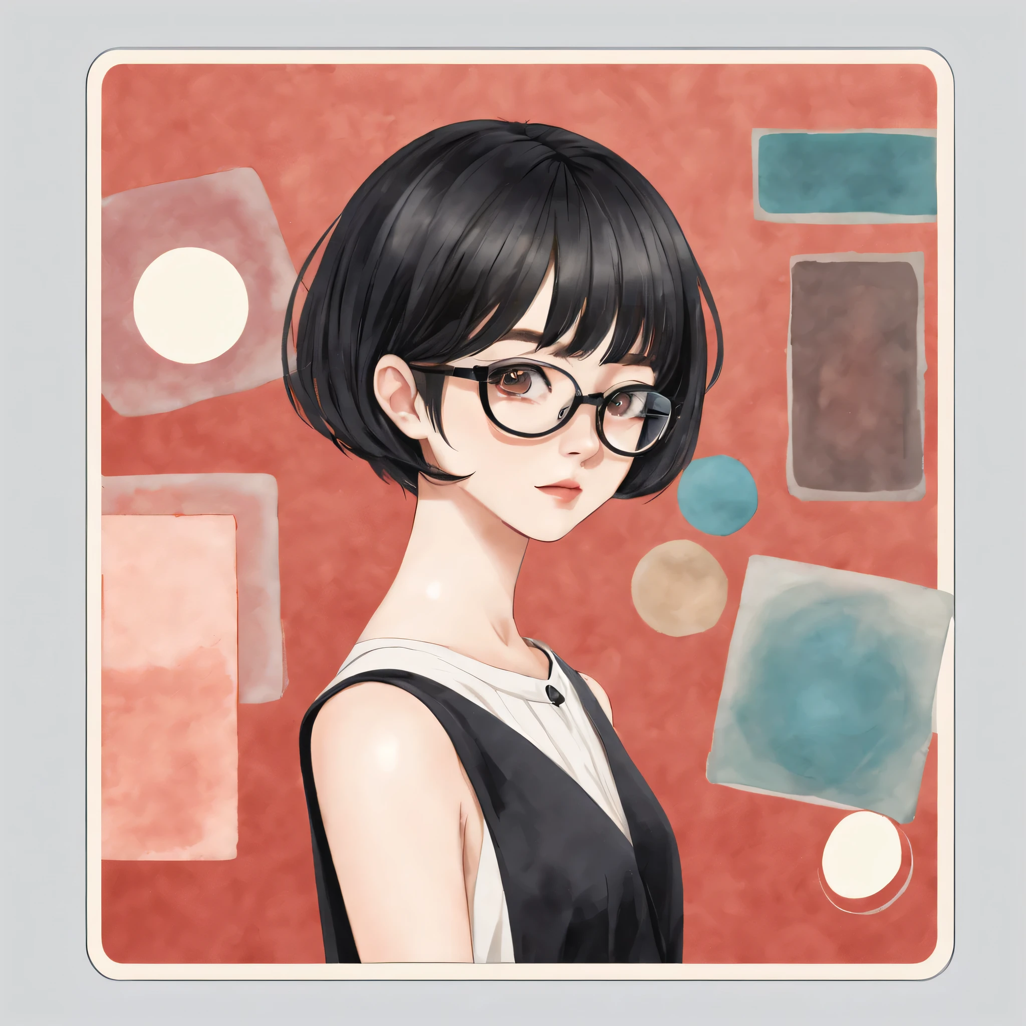(One sticker,),(3d anime girl), with short black hair, Highlight dyeing, eye glass, long skirt, (on a circular background), (roscoe frontier)(the watercolor style), ultra - detailed, Detailed illustration, vectorized, 8K, 专业One sticker设计, Graphic design, vector lines, One sticker, Full-HD