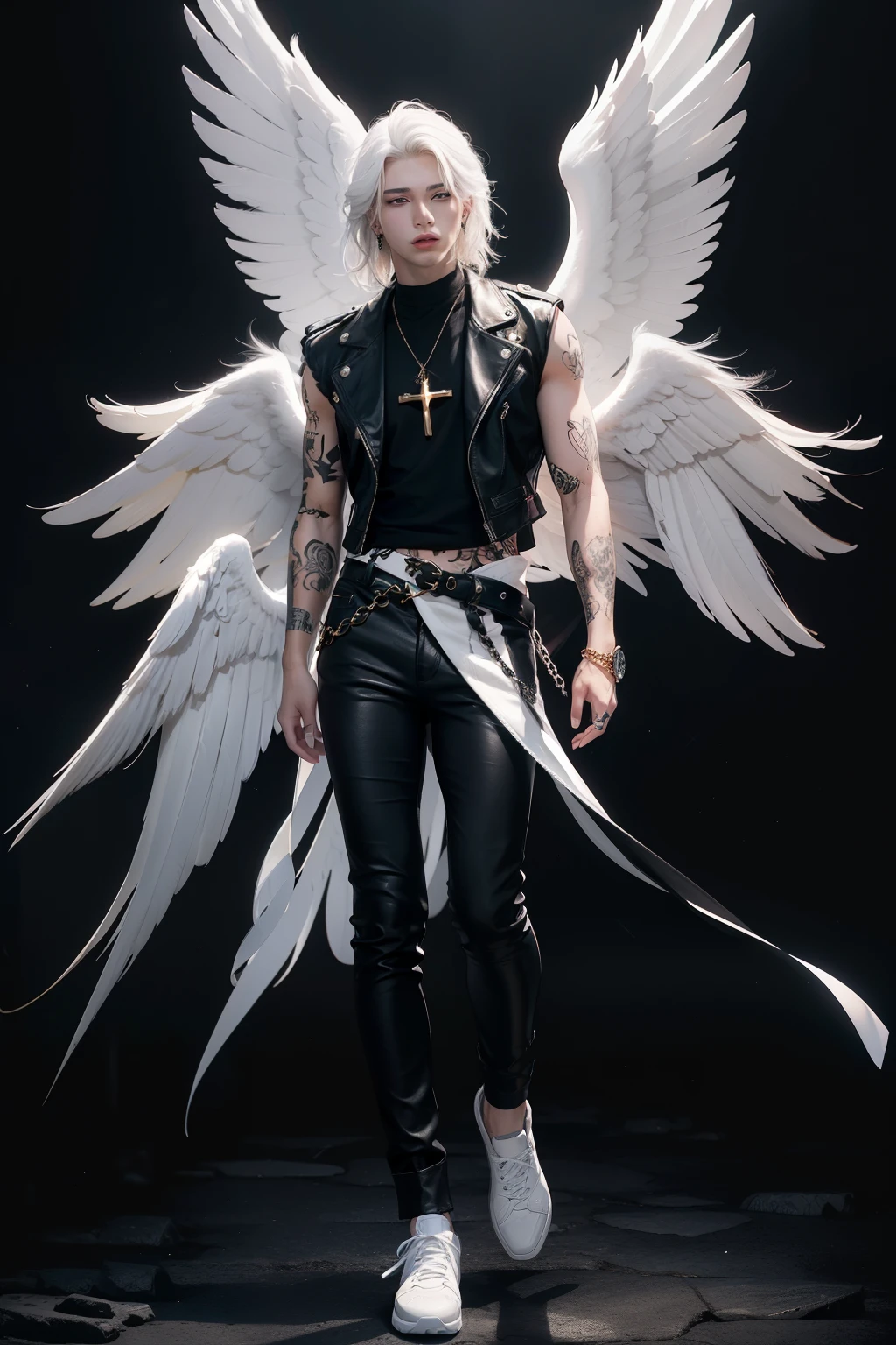 Handsome angel man, 18 years old, white hair, golden eyes, white wings, rock style, tattoos, halo, black clothes, cross-shaped earrings, full body, tattoos in arms