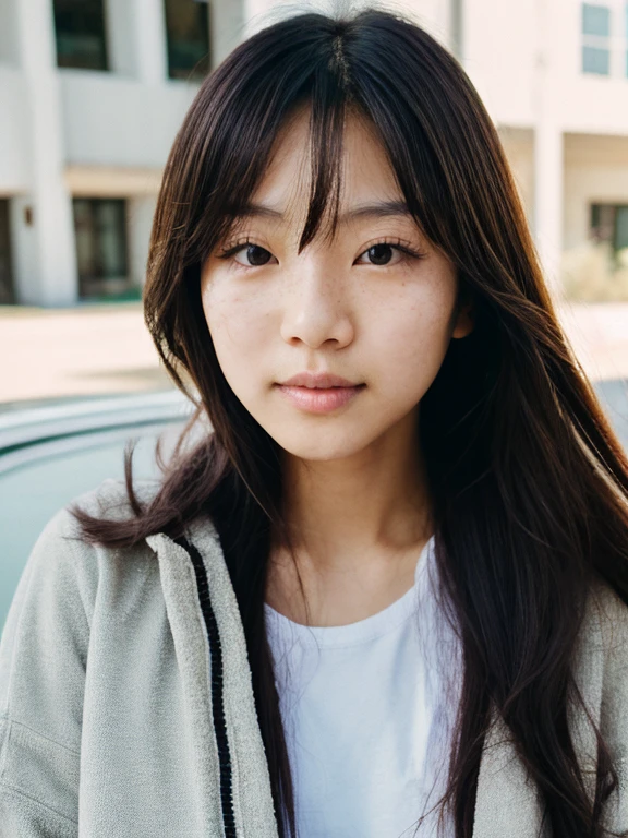 Asian ordinary young girl，Long brown messy hair，skin blemish，skin spots，Realiy，Wear a cotton jacket，natural soft light，with a  background