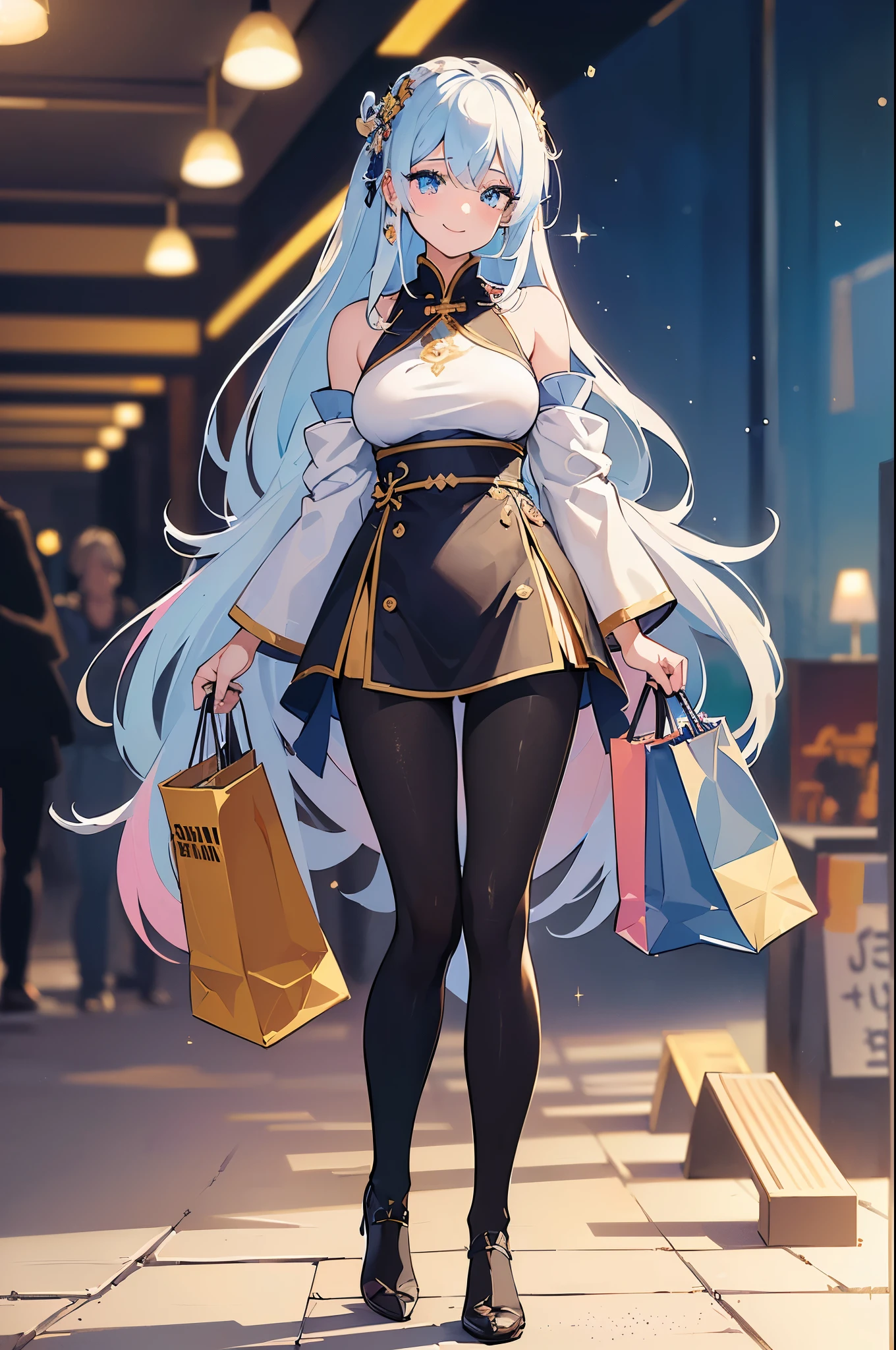 (Masterpiece), (Best Quality), (Super Detailed), (Dirty Hair), (Illustration), (1 Girl) (Long white Hair 1.5) (Blue Eyes), ((((No Shoulders))),Hanfu, (Looking at the Audience, (Interview), ( Background), Beautiful and Delicate Eyes, Delicate Beautiful Face, Soaring (High Saturation), (Colorful Glitter), Multi-colored Bubbles, (Glitter), Accent on Face, PerfectNwsjMajic, Shoulderless, fall clothes, facing the masses, perfect figure, happy, warm smile, full body, tights, shopping, mall, date