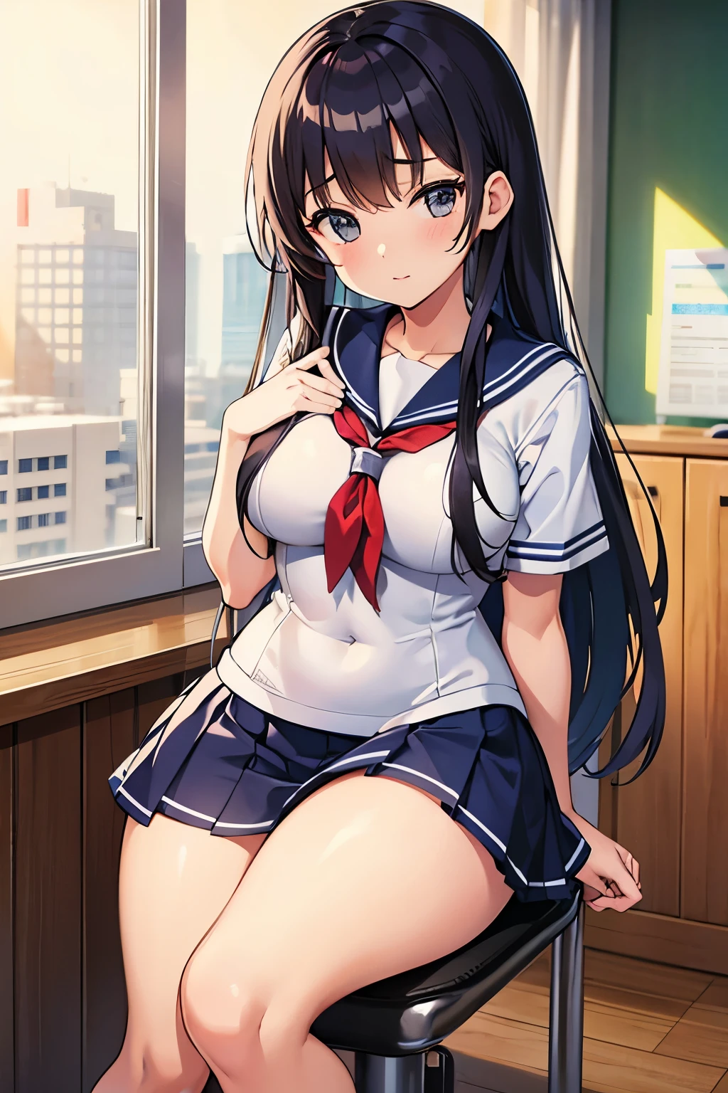 High school girl wearing a thick miniskirt and sailor suit in the health room