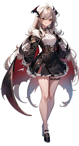 (((Best Quality))) , ((full body)), reference sheet, solo, (white background), horn, mini bat wings, succubus, skirt, black outfit,