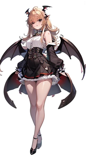 (((Best Quality))) , ((full body)), reference sheet, solo, (white background), horn, mini bat wings, succubus, skirt, black outfit,