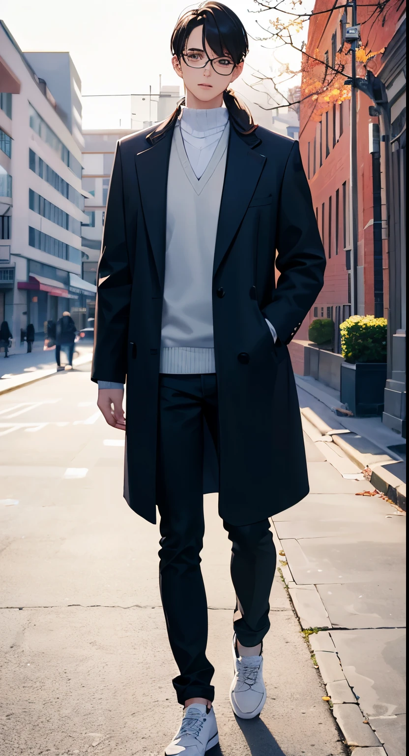 Young college student in his 20s with half-up hairstyle, wearing a long coat, Silver Frame Glasses, and sneakers. (Best Quality, 4K, hight resolution, Ultra-detailed), Use illustrations and realistic renderings、Achieve visually appealing and detailed images。. The scene is、With lush greenery and academic buildings in the background、Must be located in a vibrant campus environment。. charicature's face must be very detailed, highlight his beautiful eyes and lips. Color palette should be warm and bright, Focus on soft, natural colors. Lighting should be soft and diffused, charicatureに優しい影を落とします's face.