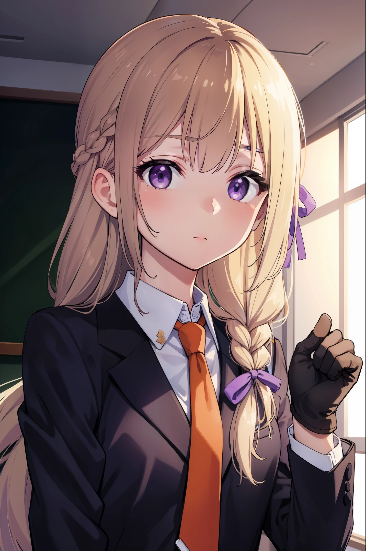 kyokokirigiri, kyoko kirigiri, (braid:1.1), hair behind ear, long hair, (side braid:1.1), Long curly blond  hair, hair ribbon, ribbon, (purple eyes:1.1),
BREAK black gloves, brown necktie, collared shirt, gloves, jacket, necktie, orange necktie, shirt, side braid, white shirt,
BREAK indoors, classroom,
BREAK looking at viewer, 
BREAK (masterpiece:1.2), best quality, high resolution, unity 8k wallpaper, (illustration:0.8), (beautiful detailed eyes:1.6), extremely detailed face, perfect lighting, extremely detailed CG, (perfect hands, perfect anatomy),