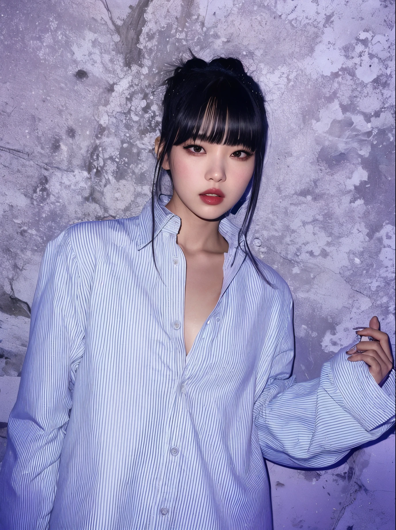 Arafed mujer con una camisa azul posando para una foto, she has black hair con flequillo, con flequillo completo, Jinyoung Shin, con flequillo, Lalisa Manobal, Xision Wu, Heonhwa Choe, iu lee ji-eun as a super villain, Janice cantó, ulzzang, Bae Suzy, Lalisa Manoban de Blackpink