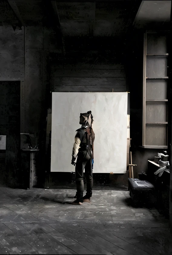 imagem do homem artista, Realistic, fotografia, good lighting, artista sozinho pintando, cabelo de artista em estilo samurai, Cabelo amarrado, the artist will be standing and facing away. Tela com design semelhante. Formato de tamanho 1920 x 1020px
