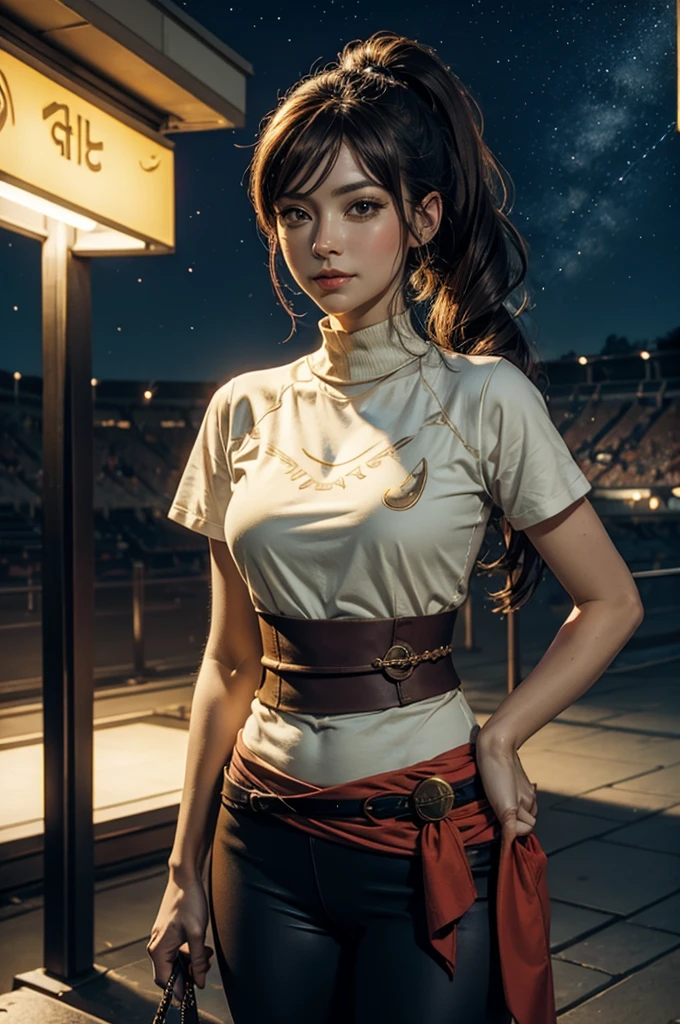 masterpiece, best quality, pyrrha nikos, ponytail, circlet, T-shirt, large breasts, yoga_pants, red waist sash, looking at viewer, furrowed brow, smile, night, night sky, stars, standing in stadium, crowd
