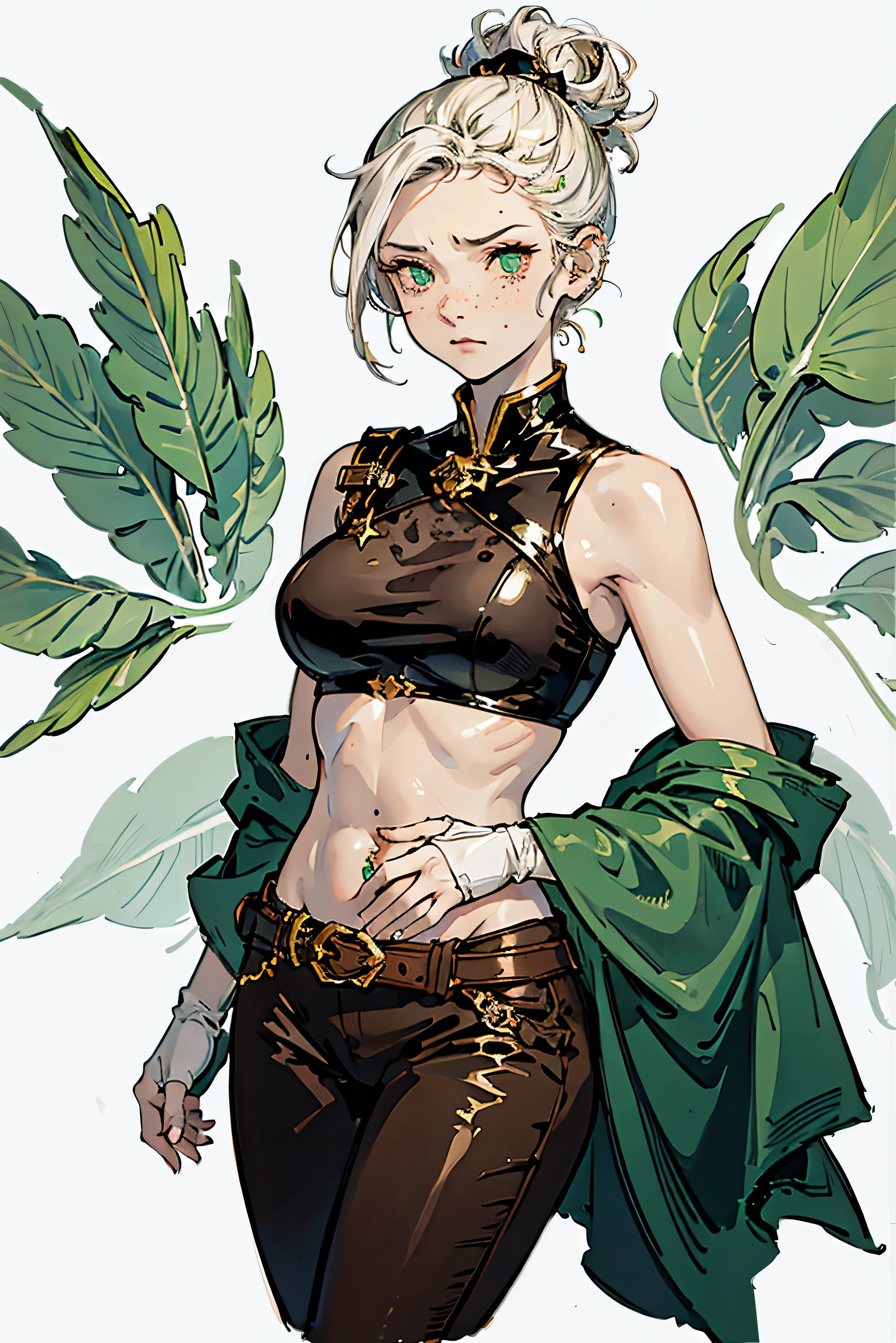 (( DND, dark fantasy, Female, Human, pale white, skin )), (light mint green, hair), Solo, (Monk), (Undercut, Short hair, Top knot), (Chestnut brown, Cropped tube bra), ((navel piercing)), white, bandage gloves, (cutesy, angry, face), black sclera, (yellow, star shaped pupils), very light freckles, parachute pants, (transparent background)