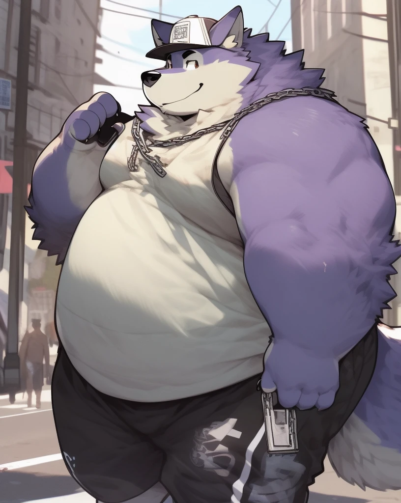 nj5furry, wolf, anthro, male, purple fur, brown eyes, round face, obese, moobs, wearing tank top, wearing baggy sweatpants, wallet chain, white chain on sweatpants, wearing snapback cap, confident, smug, outdoors, street, day