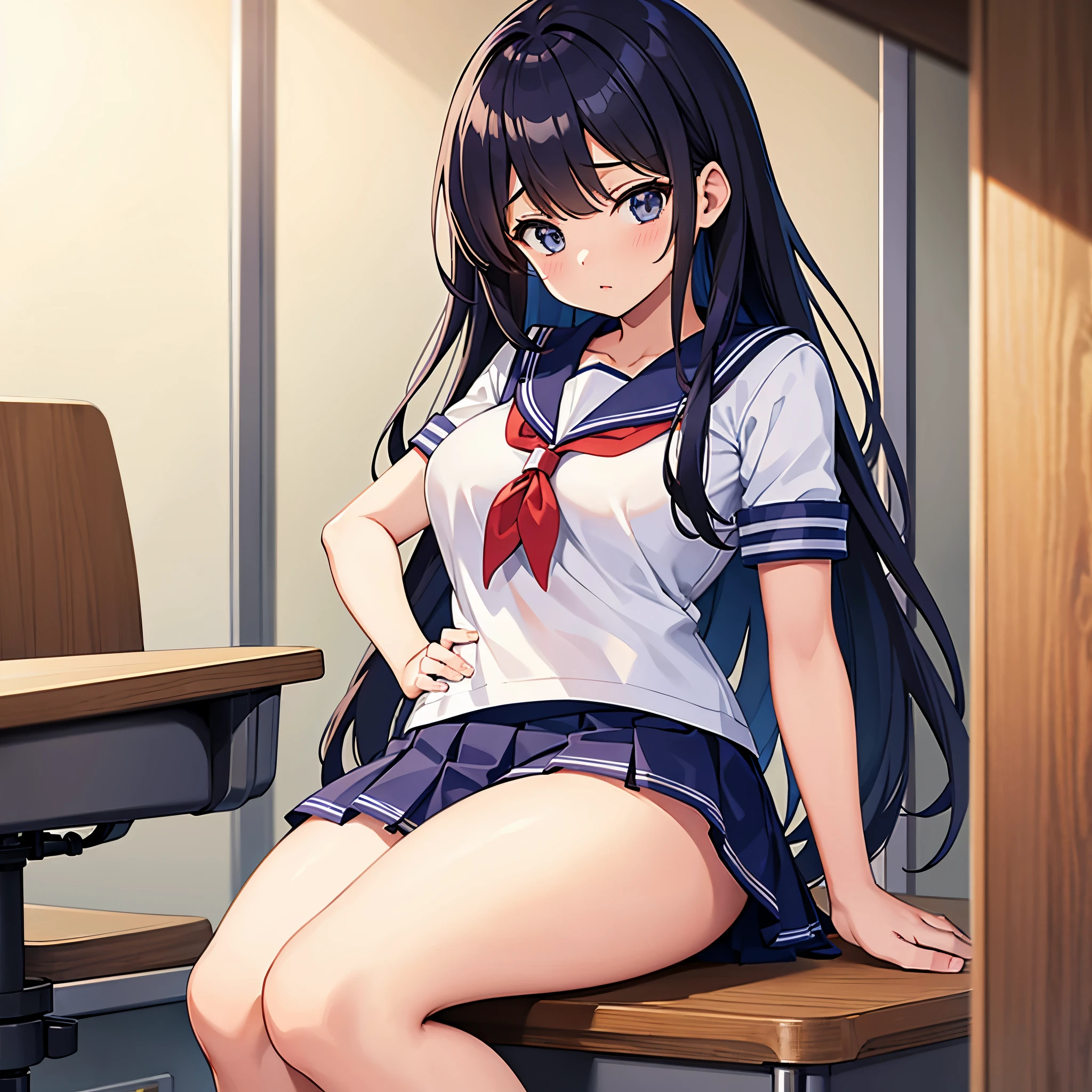 High school girl wearing a thick miniskirt and sailor suit in the health room