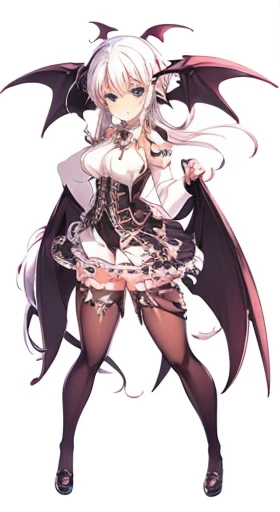 (((Best Quality))) , ((full body)), reference sheet, solo, (white background), horn, mini bat wings, succubus, skirt, black outfit,