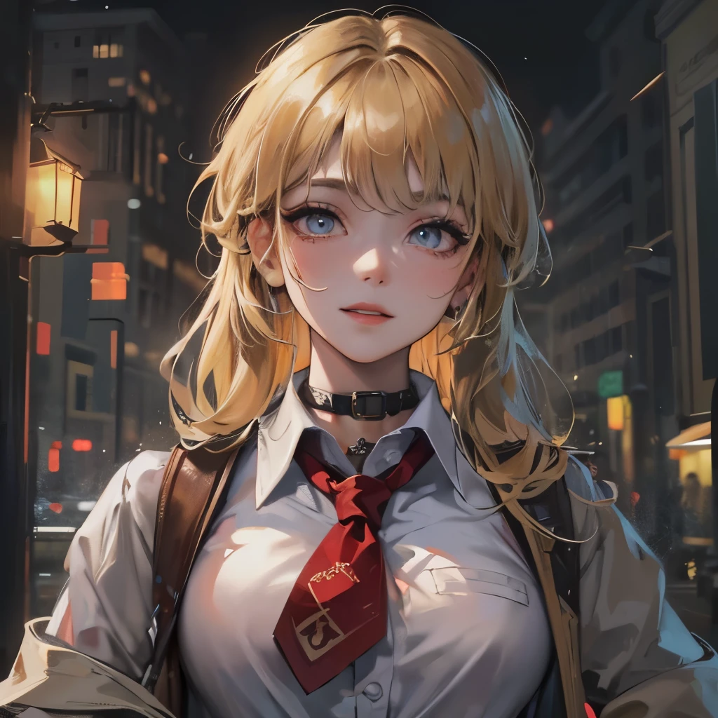 (masterpiece), 8k cg, stunningly beautiful girl, intricate details, chromatic aberration, ((bust shot)), ((looking at viewer)), 1girl, (amelia_detective, golden blonde hair, collared shirt, red necktie, plaid skirt, thighhighs), extremely beautiful and delicate portrait, smile, blush, makeup, absurdres, cinematic lighting, dynamic lighting, fantasy, ((dark background, fog))