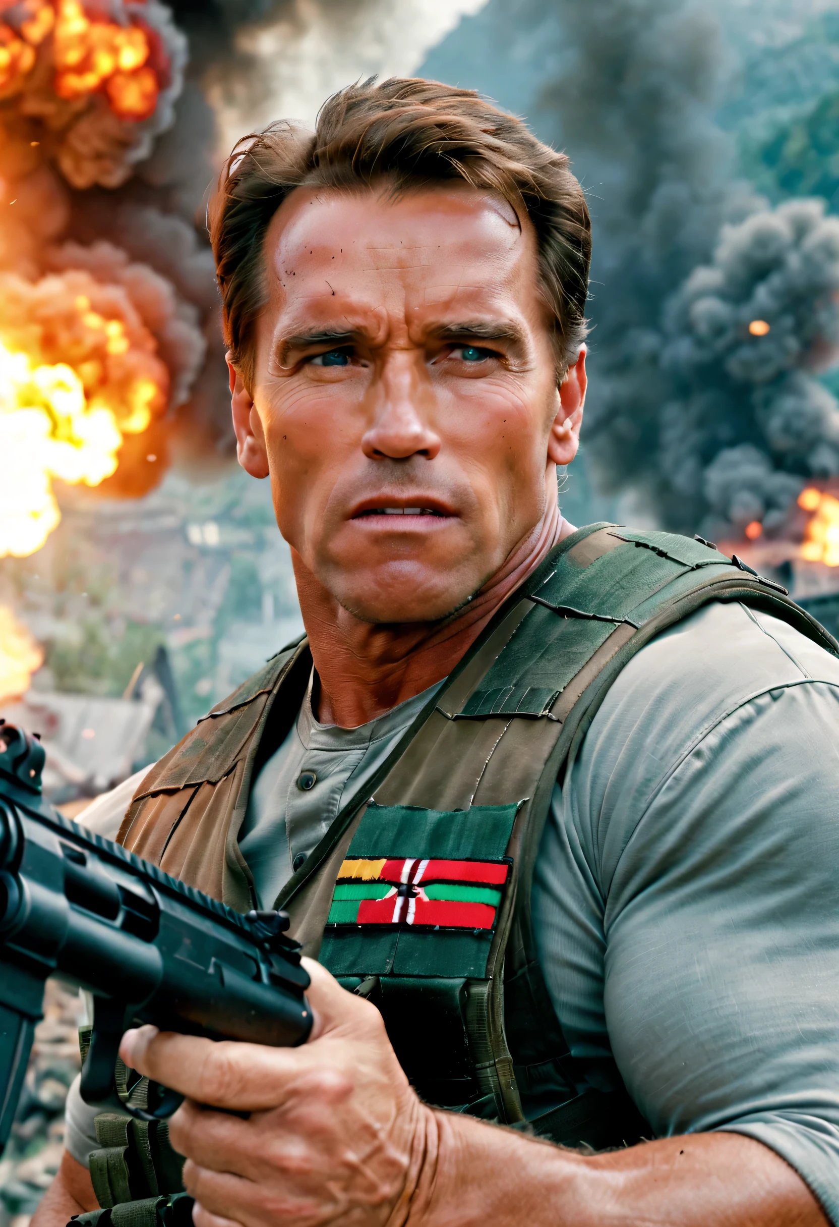 (best quality,4k,8k,highres,masterpiece:1.2),ultra-detailed,realistic:1.37,arnold schwarzenegger,brutal,vivid colors,sharp focus,rpg-7, grenade launcher, shooting,burst fire,empty casings dropped down ,explosions on background,dramatic lighting,strong shadows,physically-based rendering, determined eyes,smoke-filled air,high-contrast,