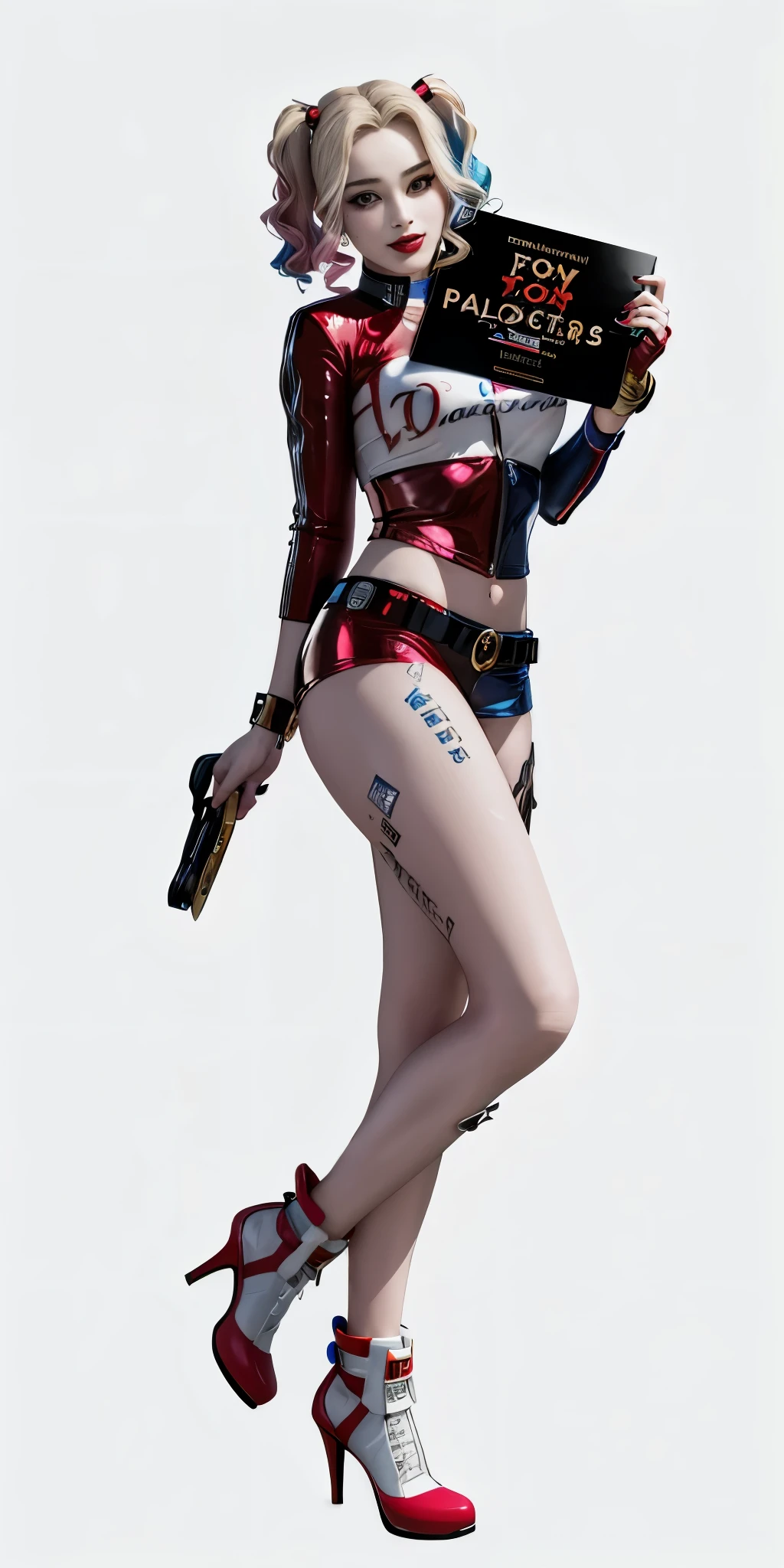 woman holding sign in hand，Harley Quinn, (Best quality, 4K, 8K, A high resolution, tmasterpiece:1.2), harley queen, Harley Quinn, Portrait of Harley Quinn,, high-heels, ultra - detailed, (actual, realistically, realistically:1.37),, Conceptual artist style, (realistically:1.2), (EndlessReality), (tmasterpiece:1.2), (Best quality), (hyper-detailing), (8K, 4K, Complex),