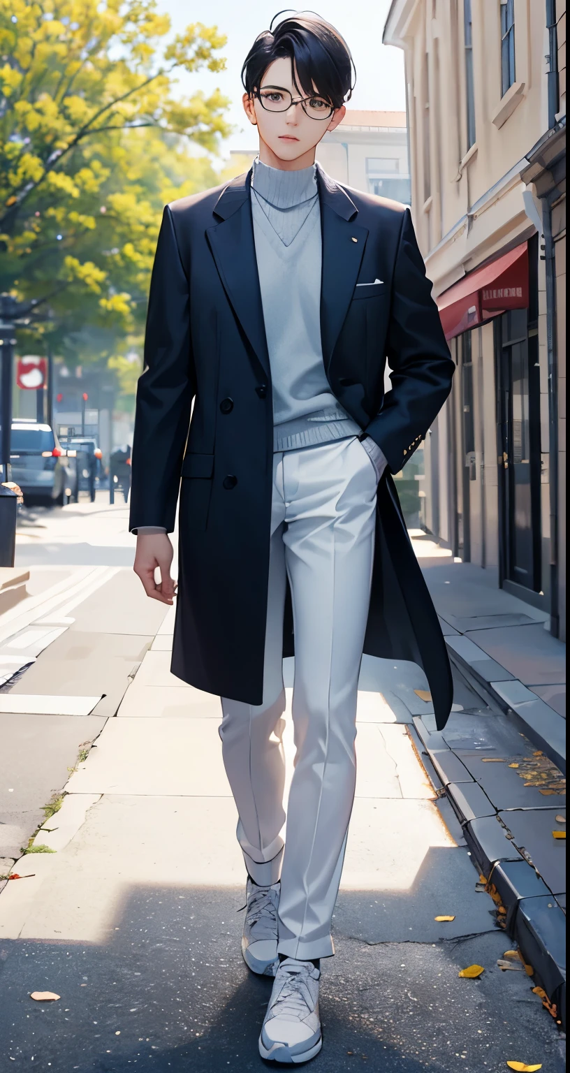 Young college student in his 20s with half-up hairstyle, wearing a long coat, Silver Frame Glasses, and sneakers.White pants (Best Quality, 4K, hight resolution, Ultra-detailed), Use illustrations and realistic renderings、Achieve visually appealing and detailed images。. The scene is、With lush greenery and academic buildings in the background、Must be in a vibrant campus environment。. charicature's face must be very detailed, highlight his beautiful eyes and lips. Color palette should be warm and bright, Focus on software, Natural colors. Lighting should be soft and diffused, charicatureに優しい影を落とします's face.