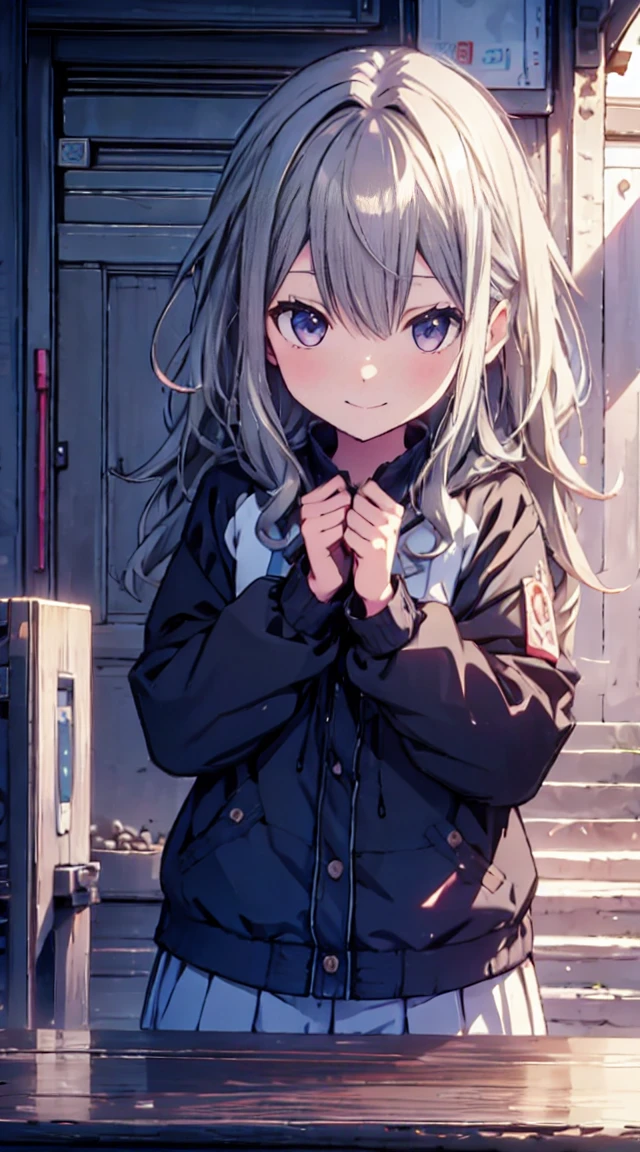 masutepiece, Best Quality,Illustration, Wallpaper, ultra -detail, 1loli、♡、Futomo、Poses in motion、mischievous smile、校服、In the street