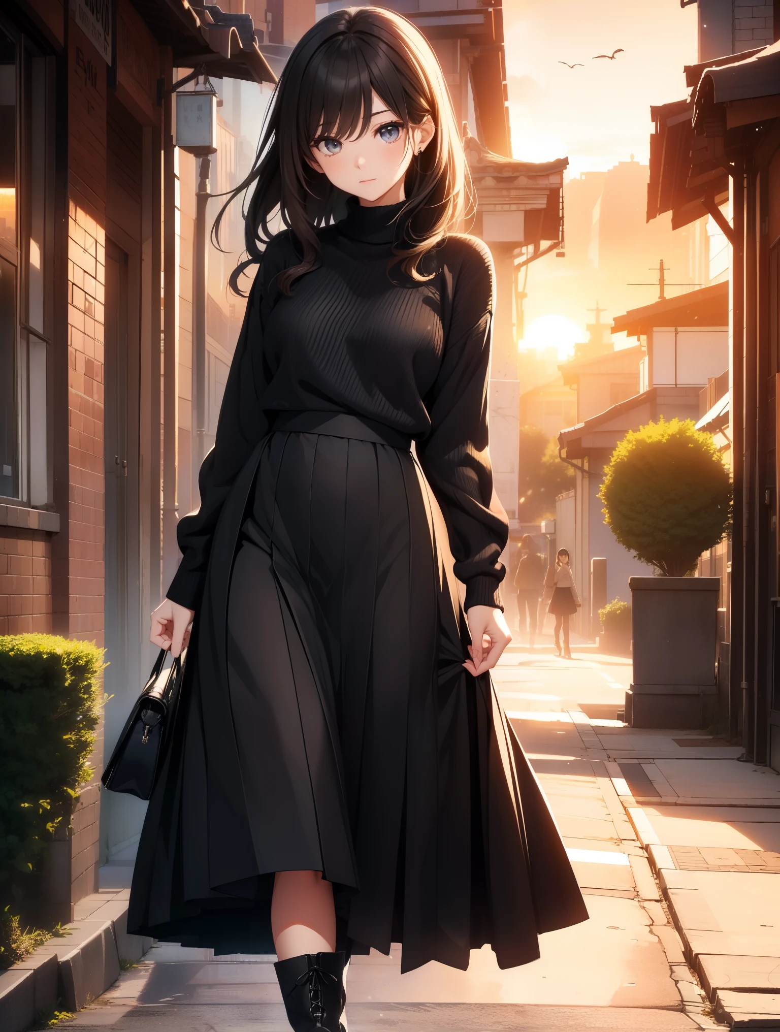 Best Quality, masutepiece, beautiful mature women、Beautiful face、Strong-minded woman、Officelady、(Black long skirt、long court、waffle sweater、black boot fuller、Winter Outfit:1.5)、(brown haired、Bangs are asymmetrical、her eyes were droopy)、Longhaire、Undersized eyes、(((ホワイトlong court:1.5)))、(Landscape of the city in the morning)、BREAK(poseing、Sunrise:1.5)