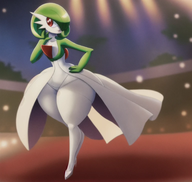 masterpiece, ((best_quality)), (anime),((beautiful face:2.0)), solo:1.8, gardevoir, pokemon\(creature\), ((White skin)),green hair, Side swept hair,sharp red eyes, ((Pop star  attire)),white dress,Green shorts, on stage , night, smile, hands on hips,pouting , ((boy)),hyper thighs,gigantic ass, Wide Hip,((Flat chest:1.5)), ((Anatomically accurate:1.5))