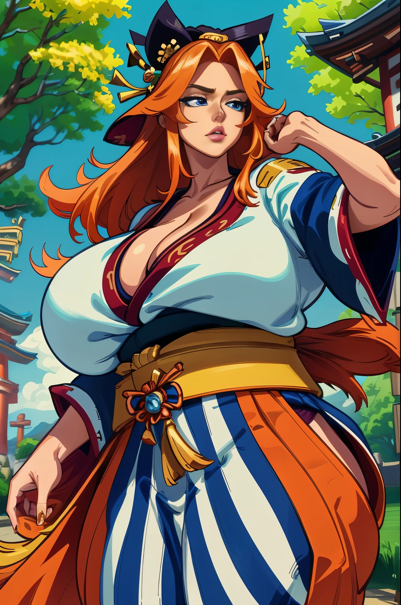 1girl, (solo:1.2), (masterpiece:1.2), (best quality:1.2)
eigaka, (gigantic breasts:1.4), (bursting breasts:1.5), curvy, voluptuous, exaggerated proportions, tall woman
(cowboy shot:1.5), (interacting with her surroundings:1.35), (attentive:1.2), matsumoto rangiku, orange hair, long hair, blue eyes, huge breasts, japanese clothes, cleavage, kimono, sash, (small shinto temple:1.3), daylight, stone, latern, jinzya, rope fence, outside, trees, nature,