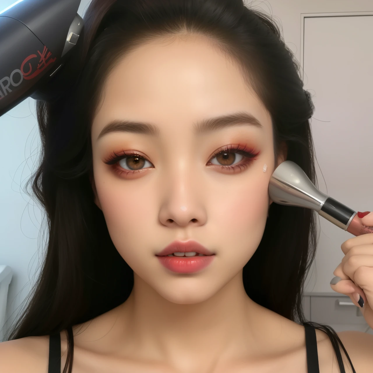 There's a woman who's blow-drying her hair, con cara redonda, maquillaje pesado, Blackpink Jennie, Cara sexy con maquillaje completo, con maquillaje profesional, maquillaje pesado, con mejillas redondas, maquillaje popular de Corea del Sur, maquillaje coreano popular, Sha Xi, labios rojos tenues, south east asian con cara redonda, Small round face, realista. Cheng Yi