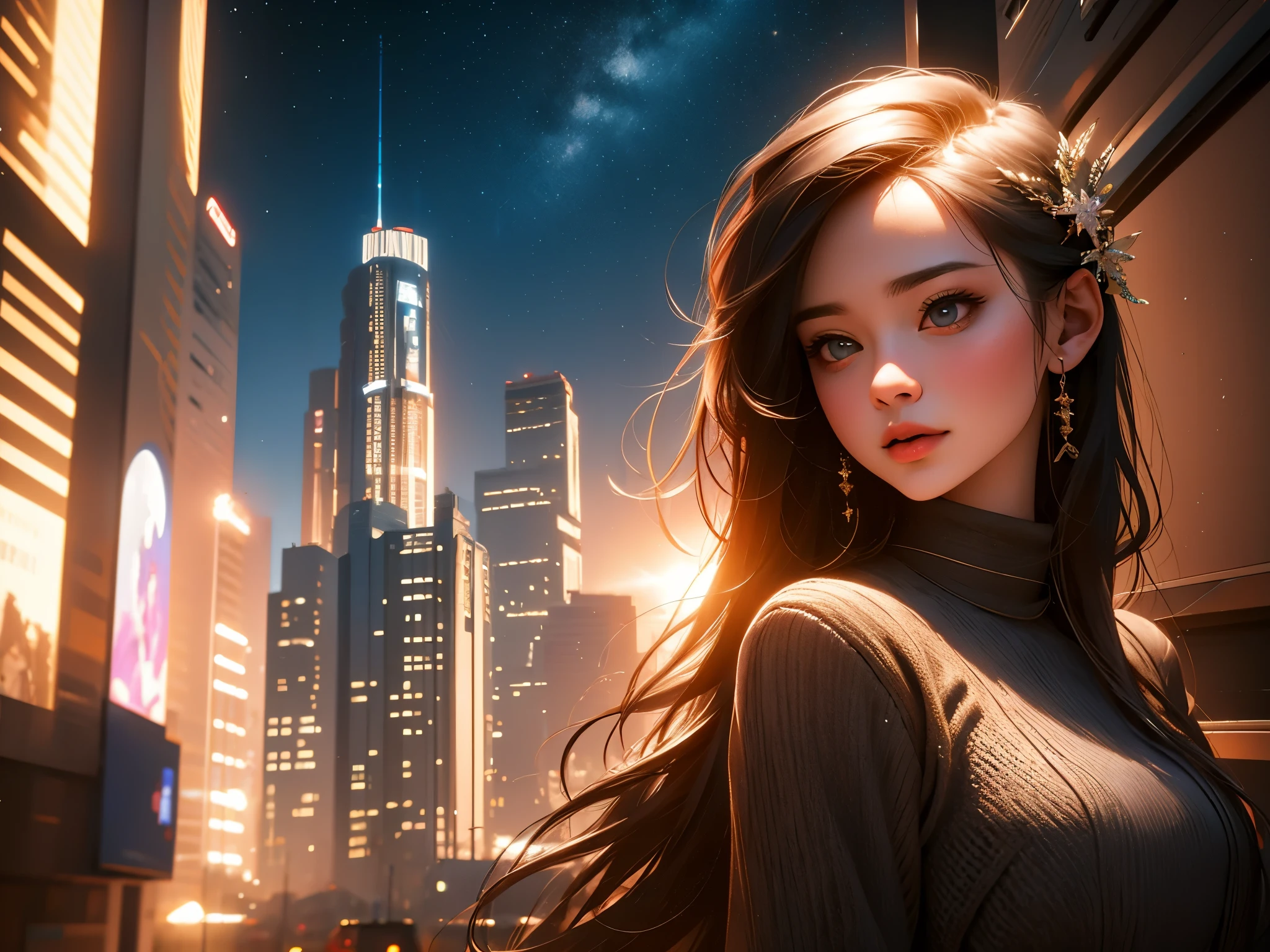 (best quality,4k,8k,highres,masterpiece:1.2),ultra-detailed,(realistic,photorealistic,photo-realistic:1.37),girl,city night view,hill,moon,shooting stars,milky way [illustration,landscape],beautiful detailed eyes,beautiful detailed lips,extremely detailed eyes and face,long eyelashes,vivid colors,studio lighting