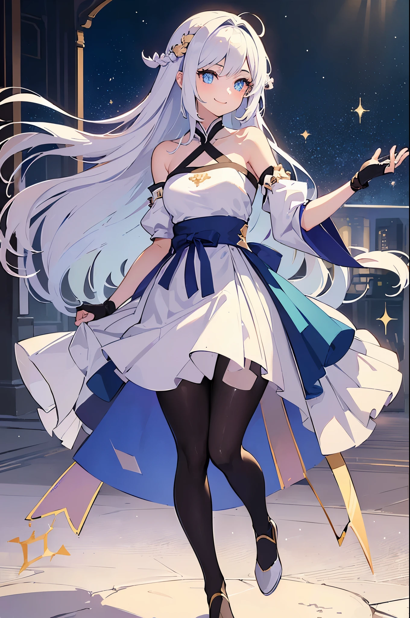 (Masterpiece), (Best Quality), (Super Detailed), (Dirty Hair), (Illustration), (1 Girl) (Long white Hair 1.5) (Blue Eyes), ((((No Shoulders))),Hanfu, (Looking at the Audience, (Interview), ( Background), Beautiful and Delicate Eyes, Delicate Beautiful Face, Soaring (High Saturation), (Colorful Glitter), Multi-colored Bubbles, (Glitter), Accent on Face, PerfectNwsjMajic, Shoulderless, fall clothes, facing the masses, perfect figure, happy, warm smile, full body, tights, shopping, mall, date