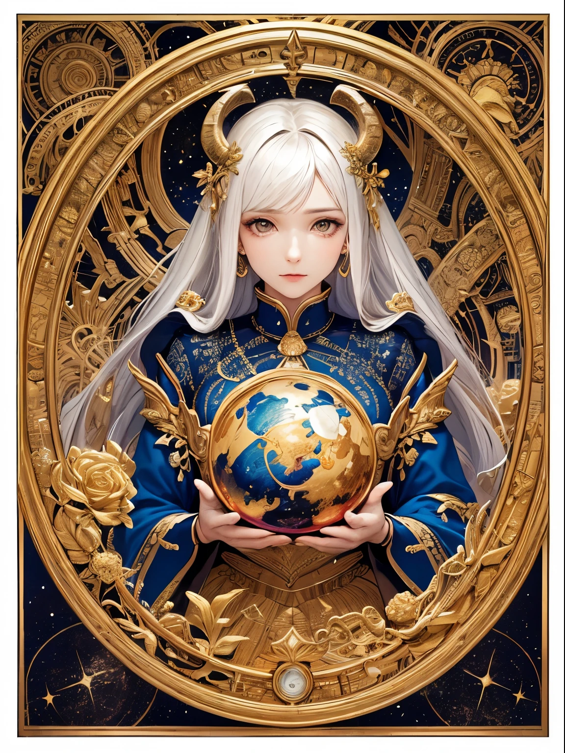 Realistic, (masutepiece, of the highest quality, Best Quality, Official art, Beautiful and aesthetic: 1.2), Very detailed, Fractal Art, Colorful, best detailed, Aries, (Abstract background: 1.5), (1girl in: 1.3), (Cat class), White hair, Bright eyes, earnest, Combed bag, , Milky way, huge magical gold Aries astrolabe, dream, Fantasy, gold trim,Beautiful detailed sky, Style and Decoration for Aries, goddess of aries, (NSFW:0.8), Delicate meat and high glass guardrail board