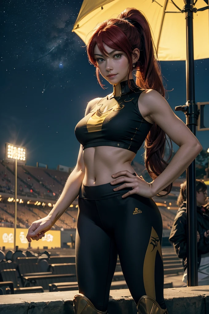 masterpiece, best quality, pyrrha nikos, ponytail, circlet, T-shirt, large breasts, yoga_pants, training shoes, looking at viewer, furrowed brow, smile, night, night sky, stars, standing in stadium, crowd