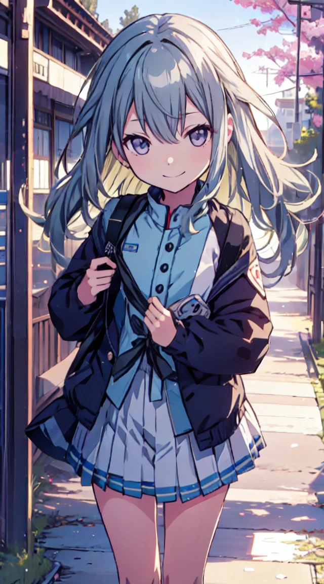 masutepiece, Best Quality,Illustration, Wallpaper, ultra -detail, 1loli、♡、Futomo、Poses in motion、mischievous smile、校服、In the street