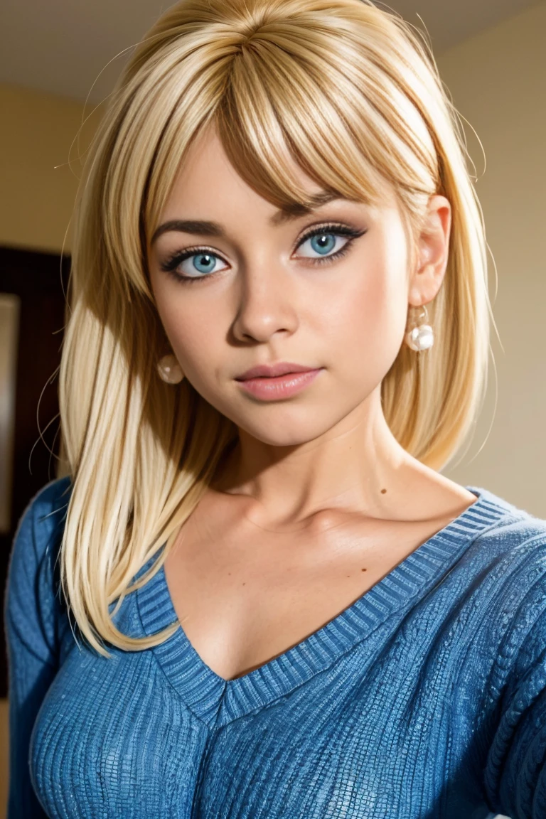 Chica rubia con el pelo corto rubio , hermosa chica adolesente, Hermosa chica rubia, Hermosa chica rubia, rubio, adolesente rubia, Foto de una adolesente hermosa , linda sonrisa  ,lindo maquillaje , sombra de ojos azul   , hermosa chica adolesente , 15 year old  , lindo maquillaje , sombra de ojos azul , labios rojos  , sexy, hermoso cuerpo de chica adolesente , fondo variado , dentro de casa , sala de estar , foto de cuerpo completo , She is wearing a special sweater. It is dark blue with a picture of a wolf howling at the moon.