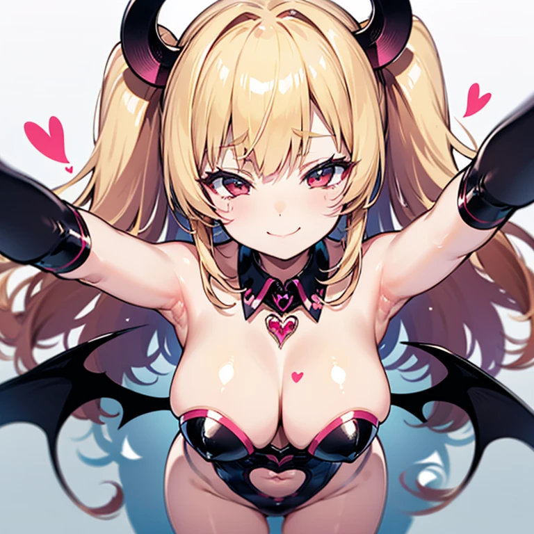 Succubus Seduction poses Erotic body kawaii faces Enchanting face Pose with open arms heart mark A slight smil Peachy Hair Eyes are hearts 4-arm Charm Magic Angle from above Angle from close up