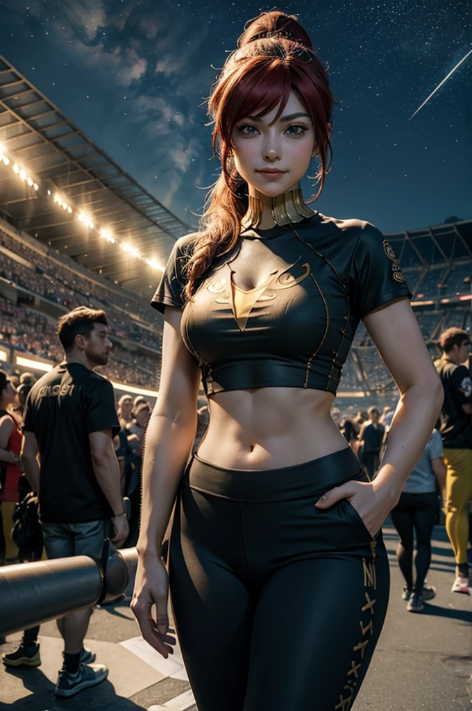 masterpiece, best quality, pyrrha nikos, ponytail, circlet, T-shirt, large breasts, yoga_pants, looking at viewer, furrowed brow, smile, night, night sky, stars, standing in stadium, crowd