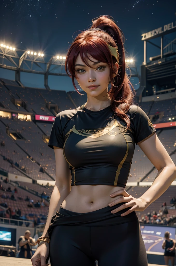 masterpiece, best quality, pyrrha nikos, ponytail, circlet, T-shirt, large breasts, yoga_pants, looking at viewer, furrowed brow, smile, night, night sky, stars, standing in stadium, crowd