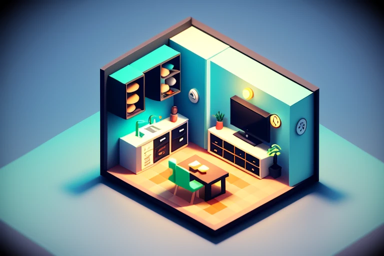 Isometric style, accurate 120 degrees, poly art, stylized 3D rendering, small room, 3D stylized scene,
