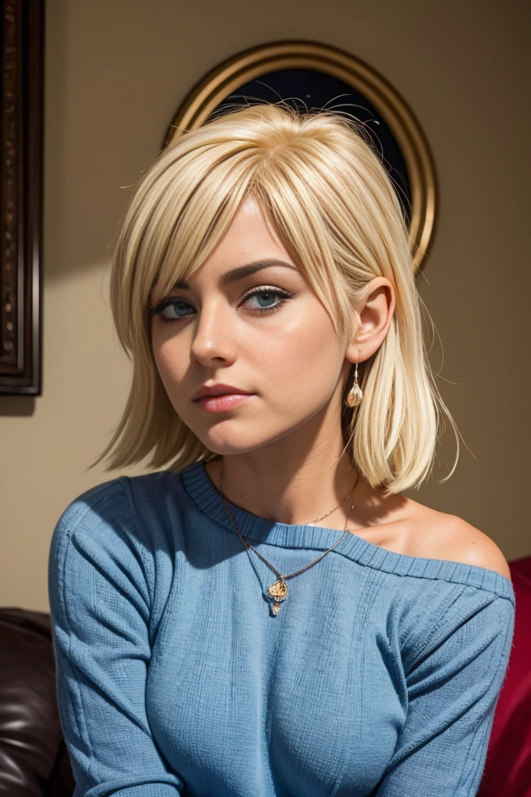 Chica rubia con el pelo corto rubio , hermosa chica adolesente, Hermosa chica rubia, Hermosa chica rubia, rubio, adolesente rubia, Foto de una adolesente hermosa , linda sonrisa ,lindo maquillaje , sombra de ojos azul , hermosa chica adolesente , , lindo maquillaje , sombra de ojos azul , labios rojos , sexy, hermoso cuerpo de chica adolesente , fondo variado , dentro de casa , sala de estar , foto de cuerpo completo , She is wearing a special sweater. It is dark blue with a picture of a wolf howling at the moon.