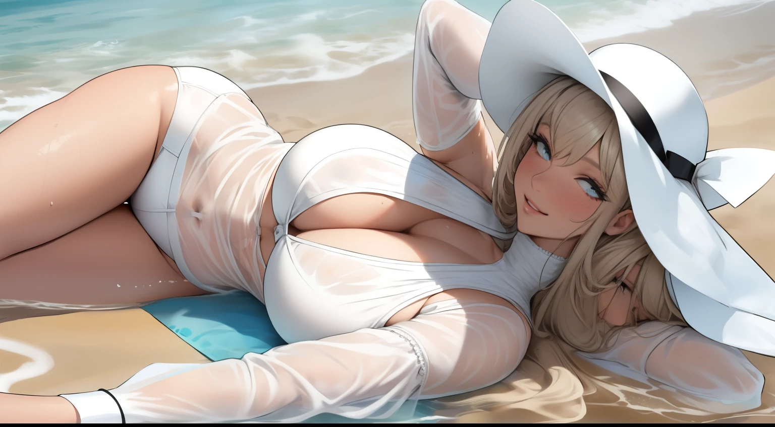 large breasted female wearing white micro bikini on beach with sheer sleeves, wearing large white sunhat, solo, alone, (SOLO)(ALONE) wet water on body, busty, curvy, showing cleavage, laying down with legs spread