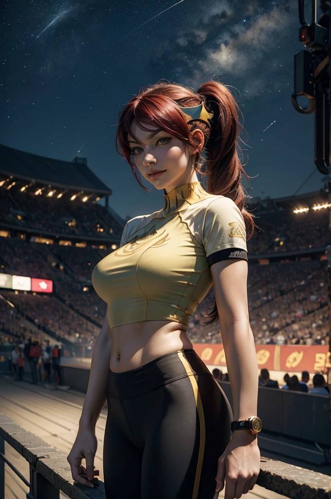 masterpiece, best quality, pyrrha nikos, ponytail, circlet, T-shirt, large breasts, yoga_pants, looking at viewer, furrowed brow, smile, night, night sky, stars, standing in stadium, crowd