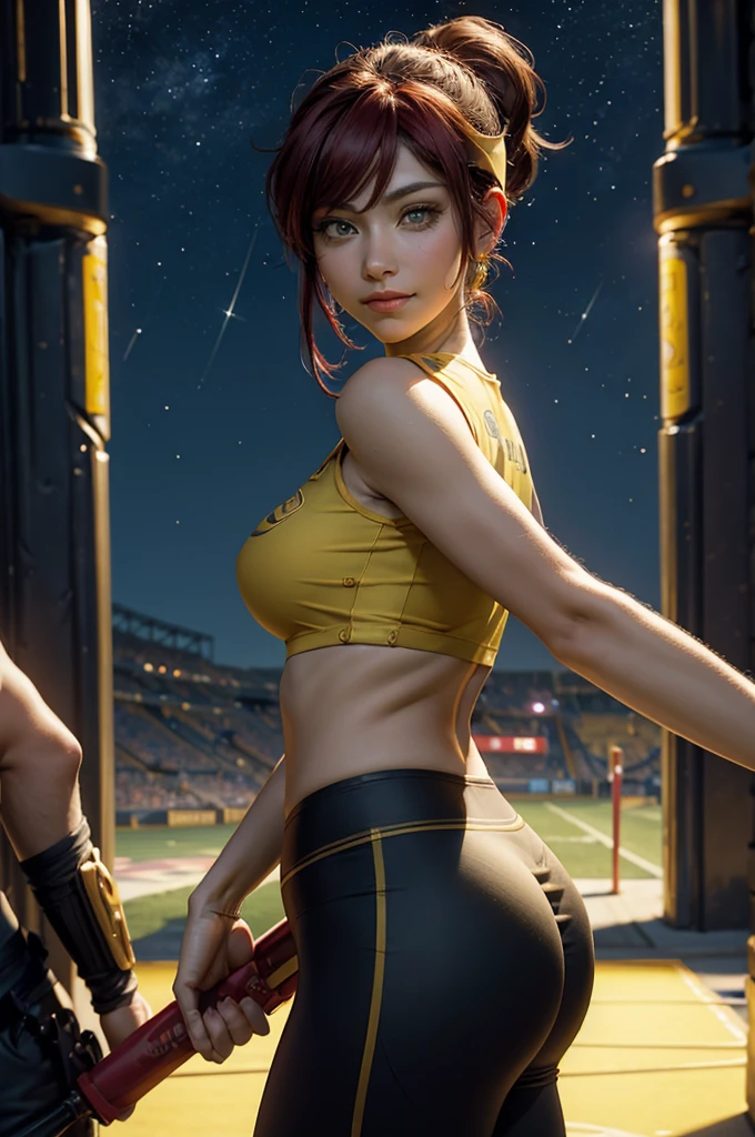 masterpiece, best quality, pyrrha nikos, ponytail, circlet, T-shirt, large breasts, yoga_pants, looking at viewer, furrowed brow, smile, night, night sky, stars, standing in stadium, crowd