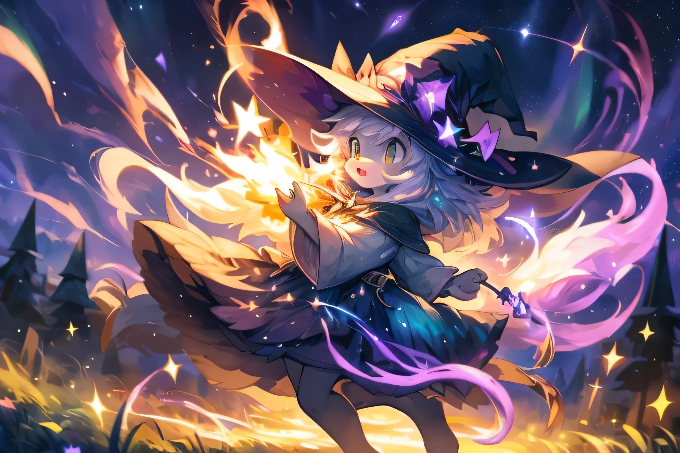 furry, wizard, white wolf, purple spell, swirls, particles, 1girl, solo, (witch hat), natural lighting, windy, proud, hard lighting, dynamic lighting, depth of field, warm colours, realistic, particles, twinkling, full body, oil painting, aurora, night, star (sky), magic, casting spell