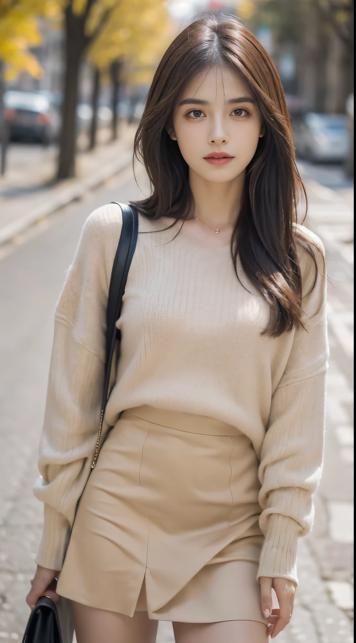 Obra maestra, La mejor calidad, ultra-high resolution, Foto de alto detalle, Unidad 8K Fondo de pantalla, CG extremadamente detallado:1.2), (Foto RAW:1.realistic photography:1.4), 1girl , joven, physically based representation, beautiful, (Cara finamente detallada:1.4, Ropa detallada), (Detallado:1.4) Cara hermosa, Profundidad de campo, Agregar capa, hiperrealista, 27 years old, Modelo de cuerpo perfecto, senos perfectos, 175cm de altura, pose sexy, cuerpo completo, Tipo de cuerpo del modelo, beige oversized sweter, black short skirt, Cabello largo, Eimi Fukada, doble parpado,, professional lighting, bokeh
