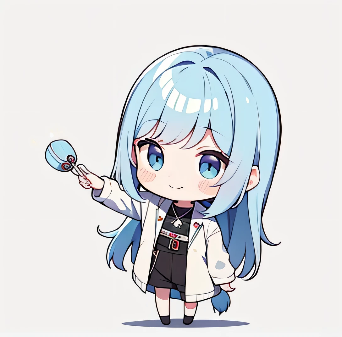 超A high resolution, nffsw, Best aesthetic, Best Quality, masutepiece, Flat Avatar, Perfect litthing、(colourfull、vivd colour: 1.4)、do not change poses, Running,Has black and light blue hair, is man, A smile, hair adornments, Chibi, Light blue jacket、simple background, 耳环, jewely, side locks, large oval eyes,Flat Avatar, simple background,do not change poses