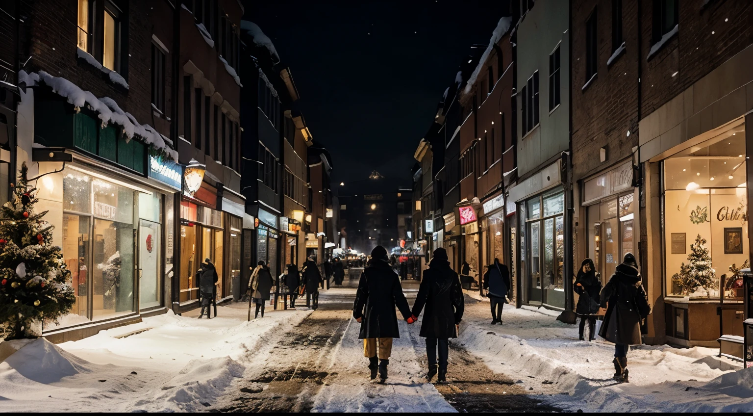 cold night,It was snowing heavily,The streets are full of Christmas atmosphere,People walking happily on the road