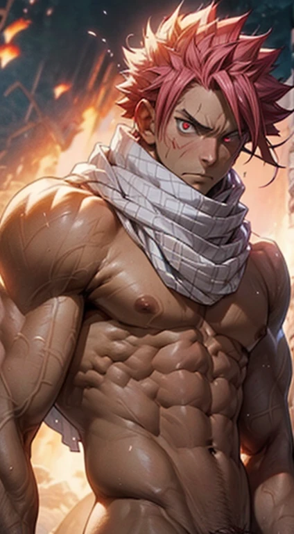 ((upper body)) masterpiece, best quality red eyes, game cg, 2boys adult men, (naked:1.2) rugged adult face, duo, male focus, looking at viewer, upper body, Natsu Dragneel natsu_dragneel, pink hair, red eyes, (shirtless naked), toned muscle, pectorals, 8 abs, toned legs, naked, slightly bulged, (large fire:1.5) and ember (particle effects:1.2), detailed, dynamic lighting, well lit, (fire on skin:1.2), (skin burning:1.2), (eyes on fire:1.2), (penis and scrotum), ((view from far distance)) ((((white ))scarf))